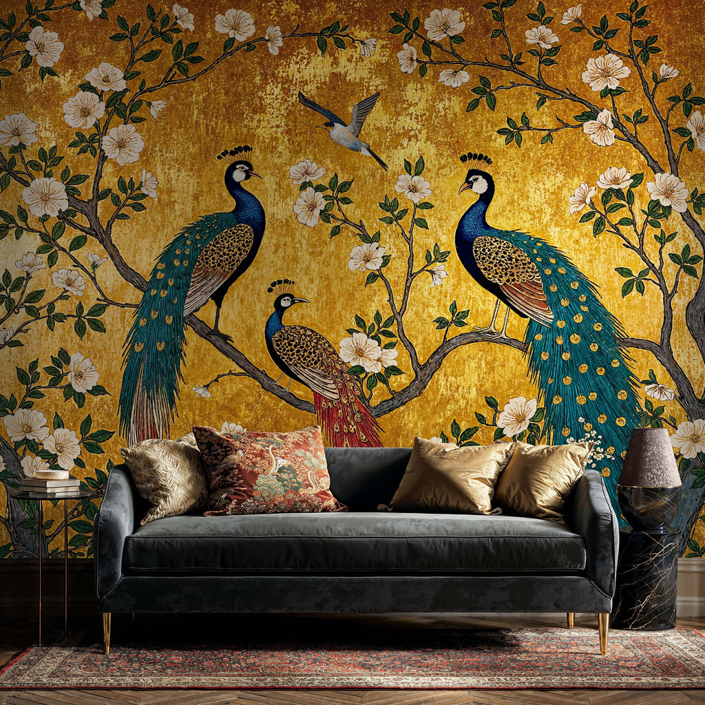 Gold Peacock Chinoiserie Wall Mural