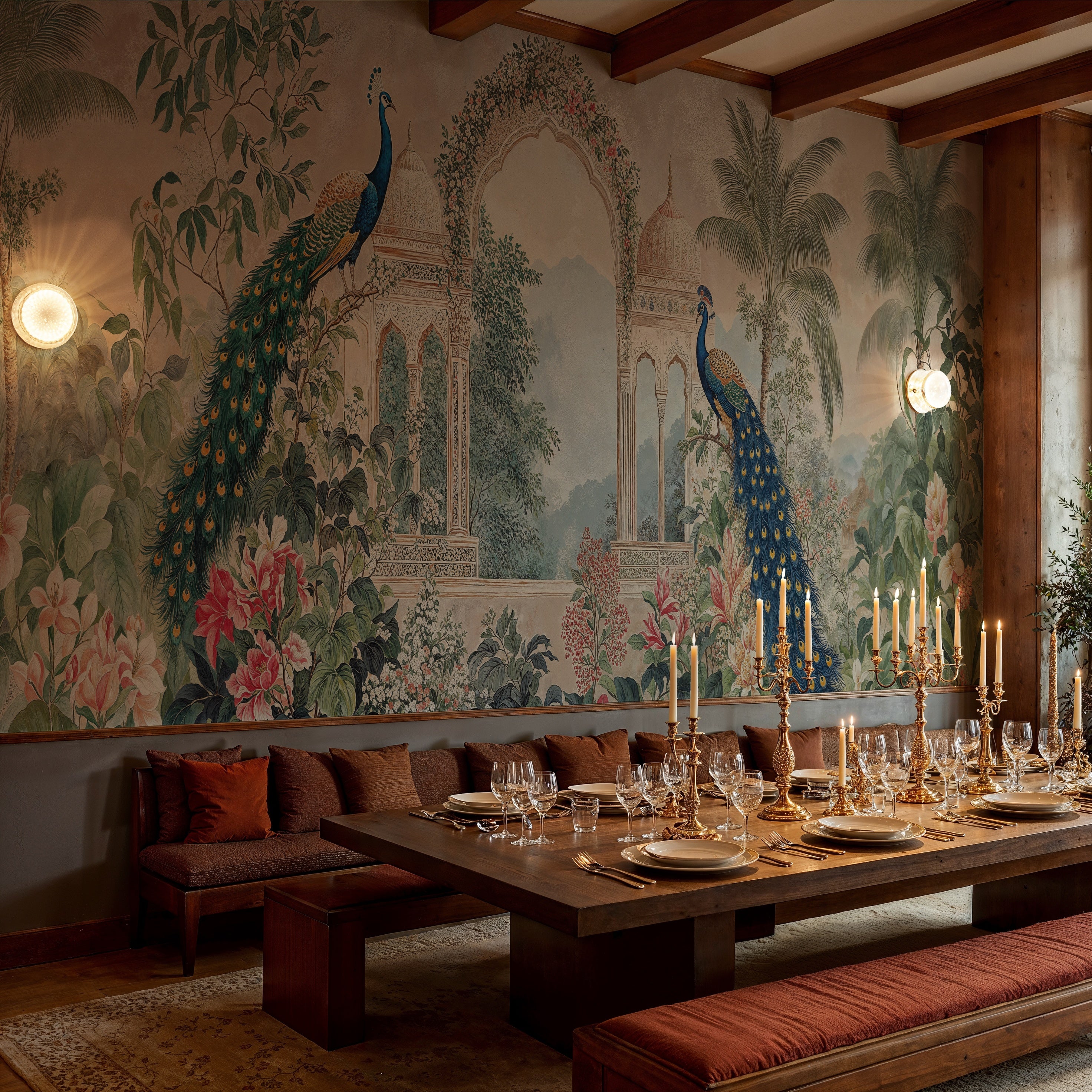 Mughal Garden Wall Covering with Peacocks