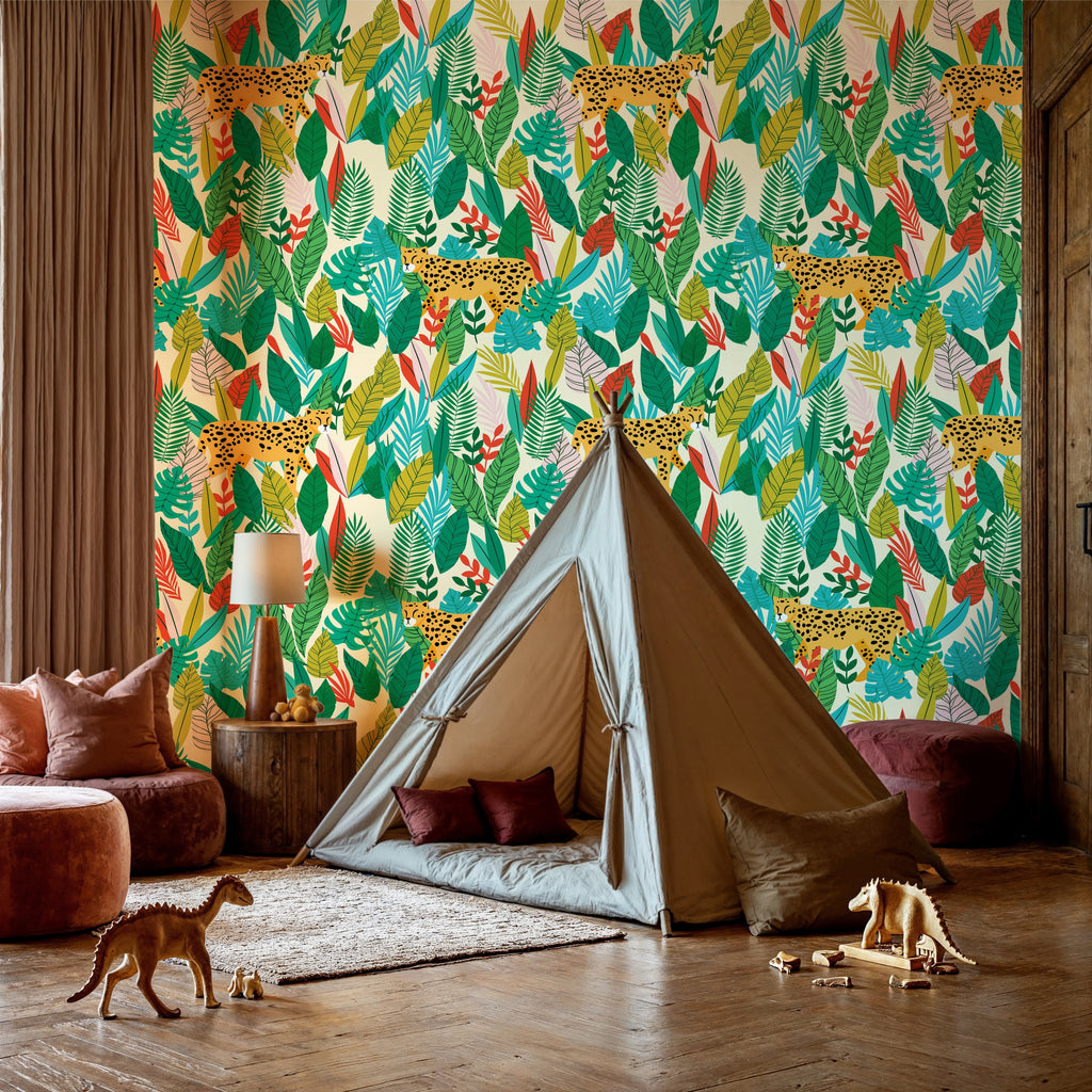 Light Botanical Wall Mural with Cheetahs, for Kids Room, Self Stick