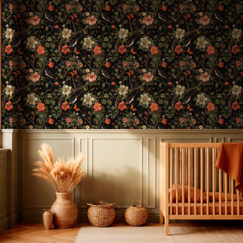 Dark Floral Wallpaper with Birds and Butterflies