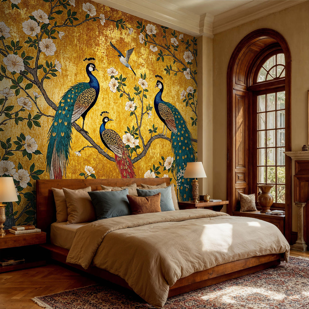 Gold Peacock Chinoiserie Wall Mural