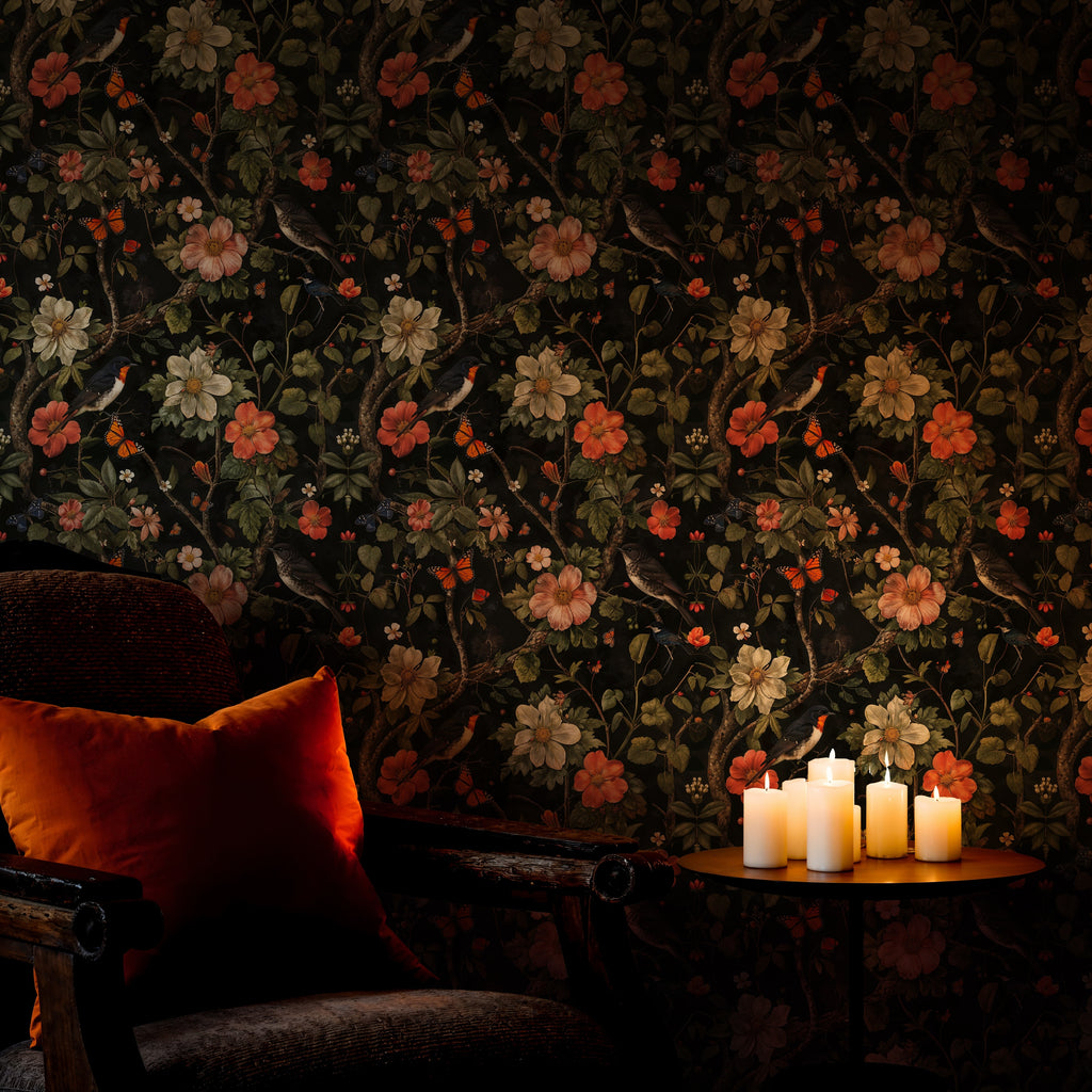 Dark Floral Wallpaper with Birds and Butterflies