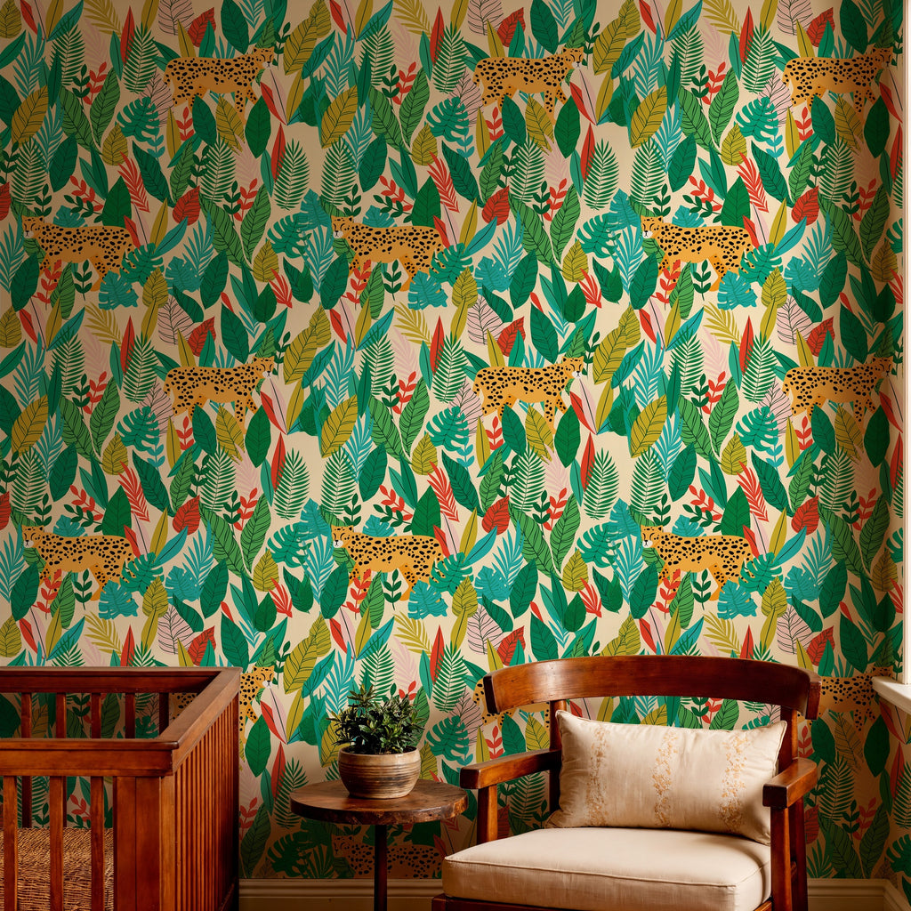 Light Botanical Wall Mural with Cheetahs, for Kids Room, Self Stick