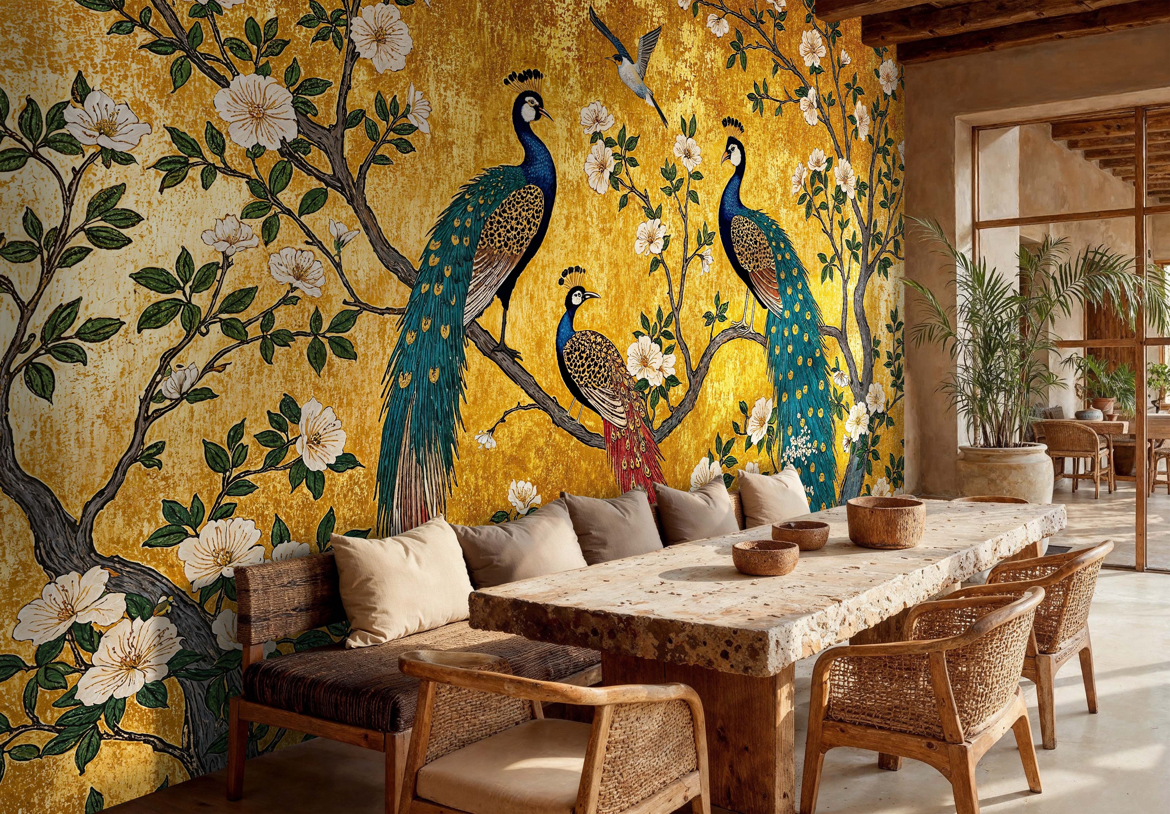 Gold Peacock Chinoiserie Wall Mural