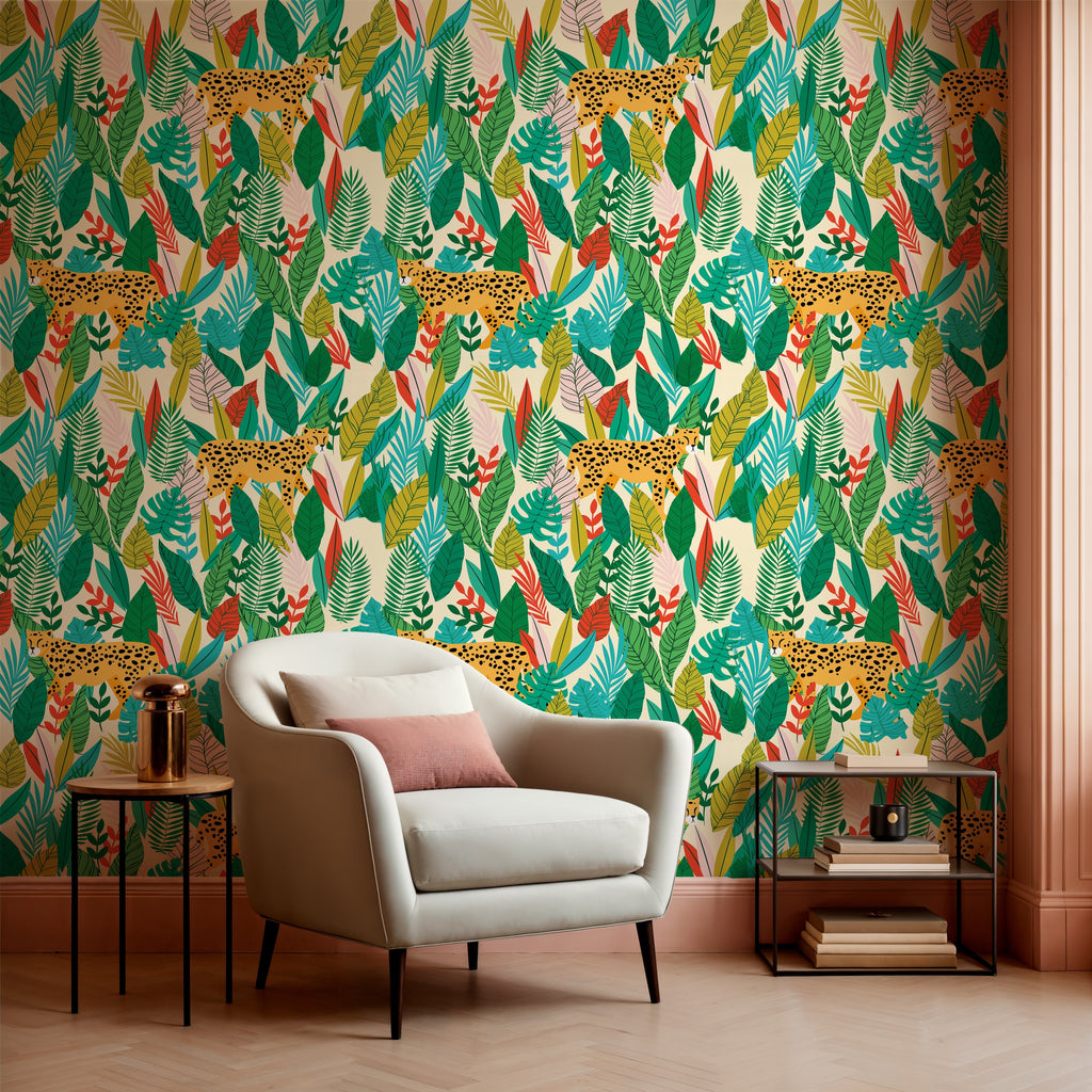 Light Botanical Wall Mural with Cheetahs, for Kids Room, Self Stick
