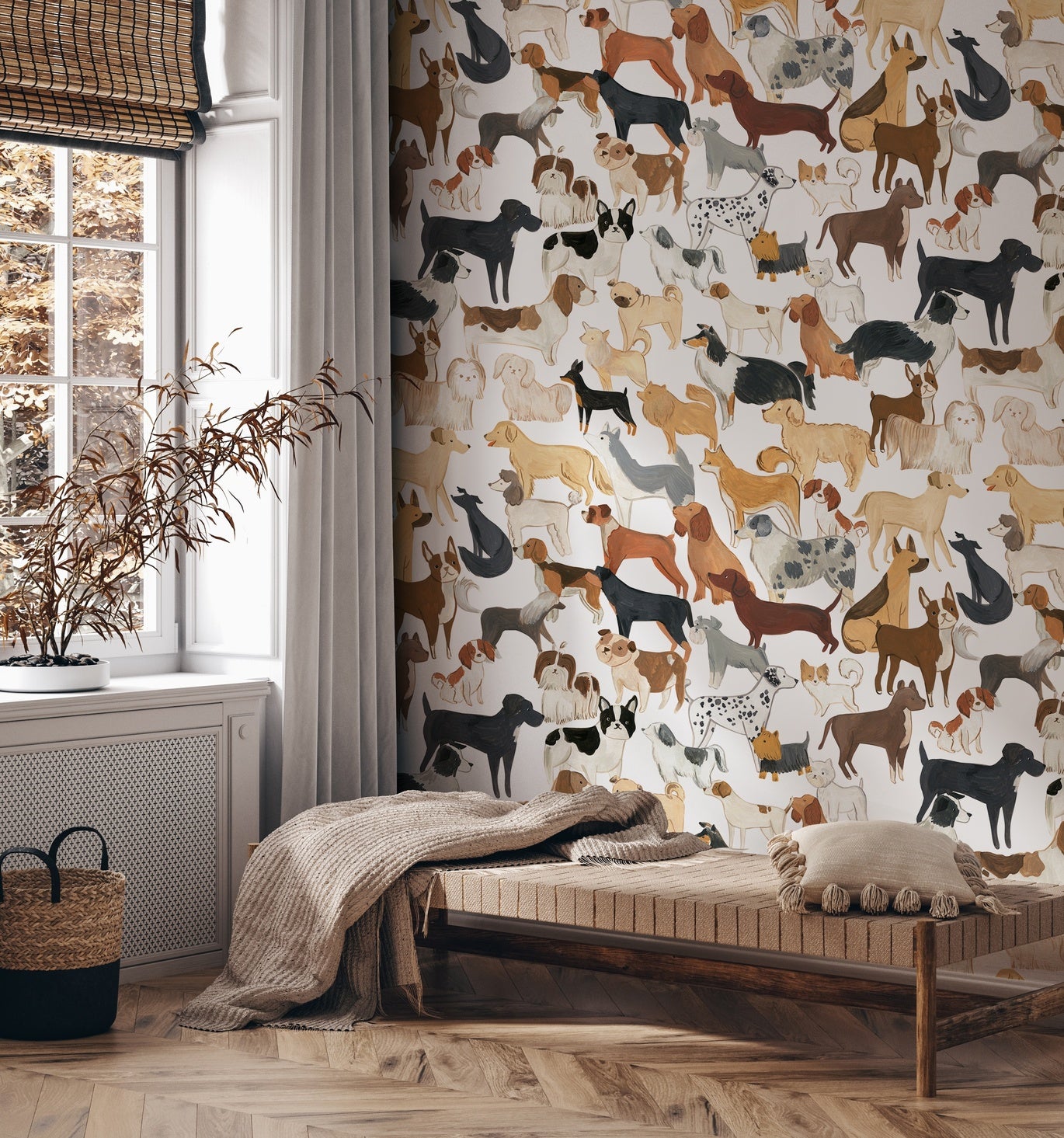 Playful Dog Peel and Stick Wall Mural, Eco Friendly Wallpaper